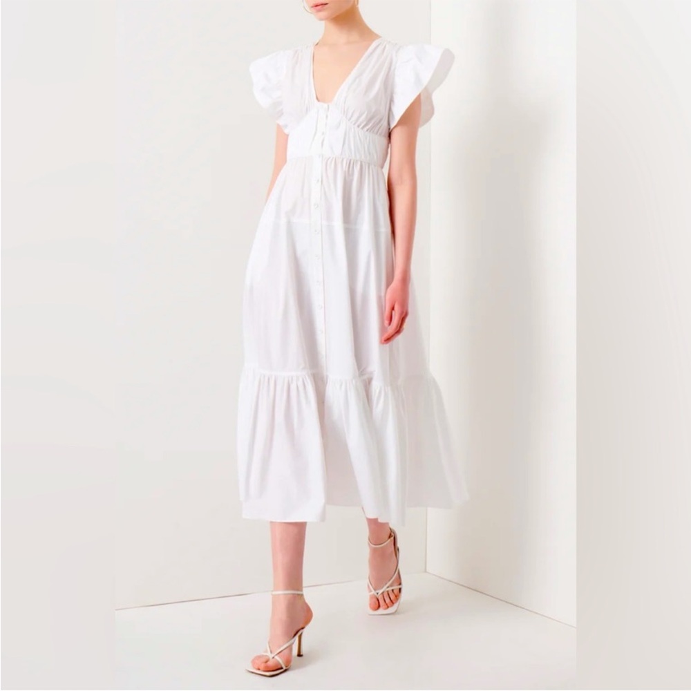 Derek Lam 10 Crosby Greta Ruffle Sleeve V-Neck White Poplin Midi Dress Size 8
